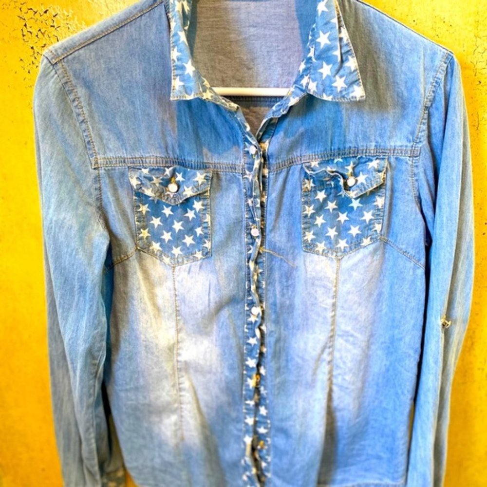 Jean Denim Shirt with Stars Detail